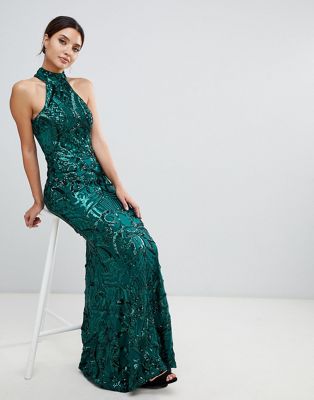 bariano embellished maxi dress with high neck in emerald green