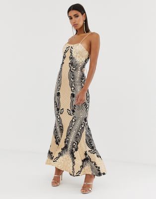 black and gold sequin embellished fishtail maxi dress