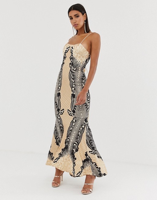 Bariano embellished patterned sequin fishtail maxi dress with strappy back in mutli
