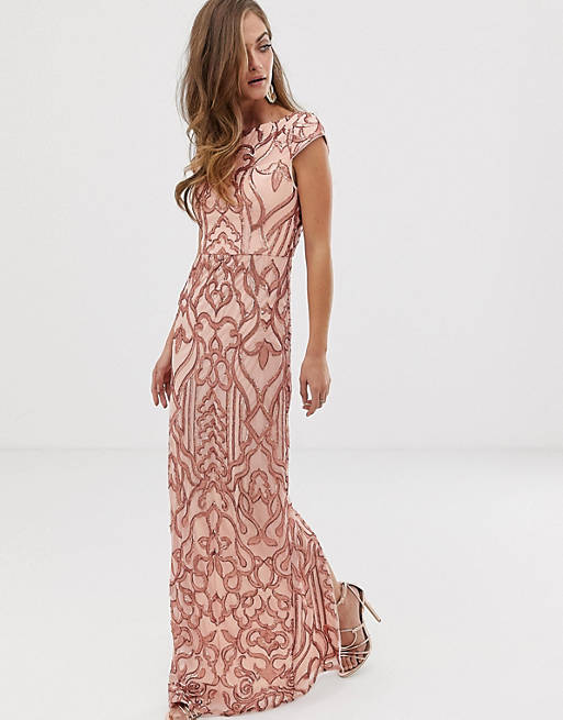 Bariano embellished patterned sequin maxi dress with cap sleeve in rose ...