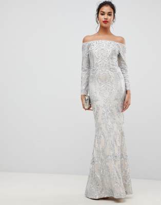 silver gown off shoulder