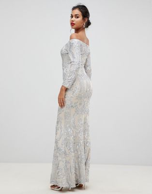 sequin off the shoulder gown