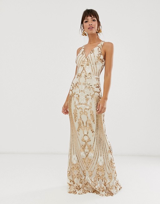 Bariano embellished patterned sequin strappy back maxi dress in gold