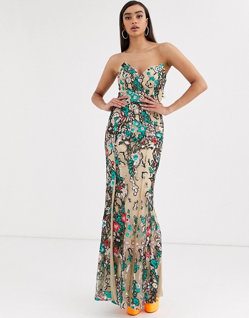 Bariano fishtail maxi gown in floral embellishment in taupe
