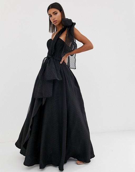 Bariano full prom one shoulder organza maxi dress with detachable bow detail in black