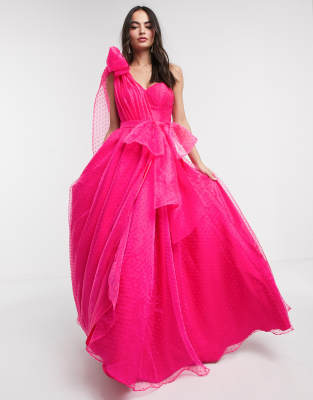 Bariano Full Prom One Shoulder Maxi Dress With Detachable Waist Bow Detail In Fuchsia-pink