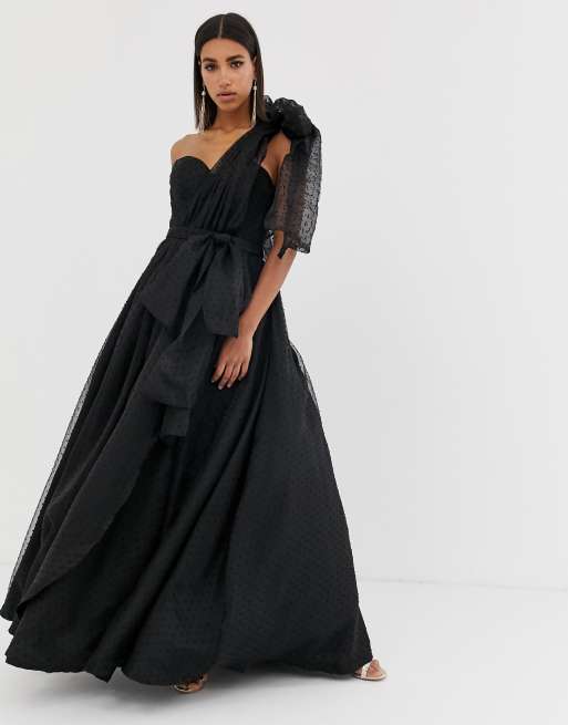 Bariano full prom one shoulder organza maxi dress with detachable bow detail in black