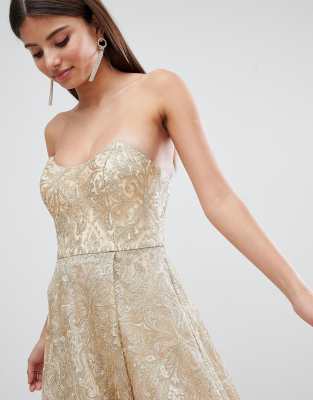 bariano high low bandeau maxi dress in metallic jacquard