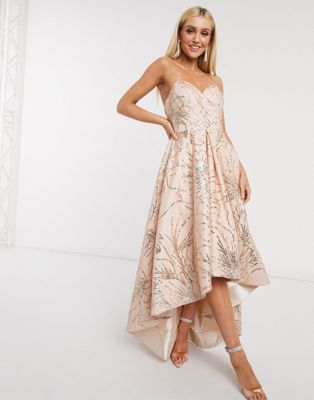 Bariano High Low Dress In Rose Gold Glitter