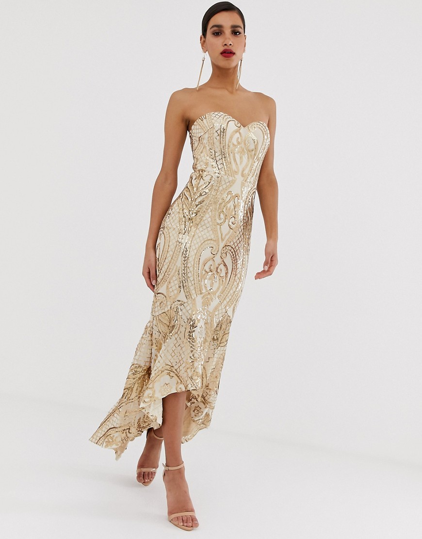 Bariano - Lange jurk met hartvormige halslijn en lovertjes in goud