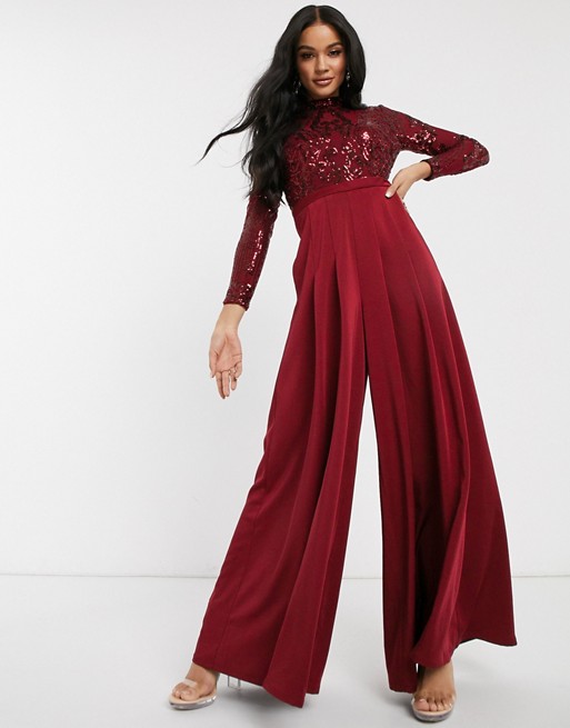 Bariano long sleeved wide leg jumpsuit with embellished top in deep red