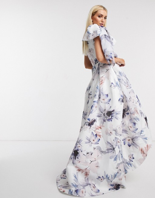 Bariano one shoulder dress with bow detail in blue floral