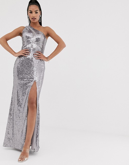 Bariano one shoulder sequin gown with thigh split in silver