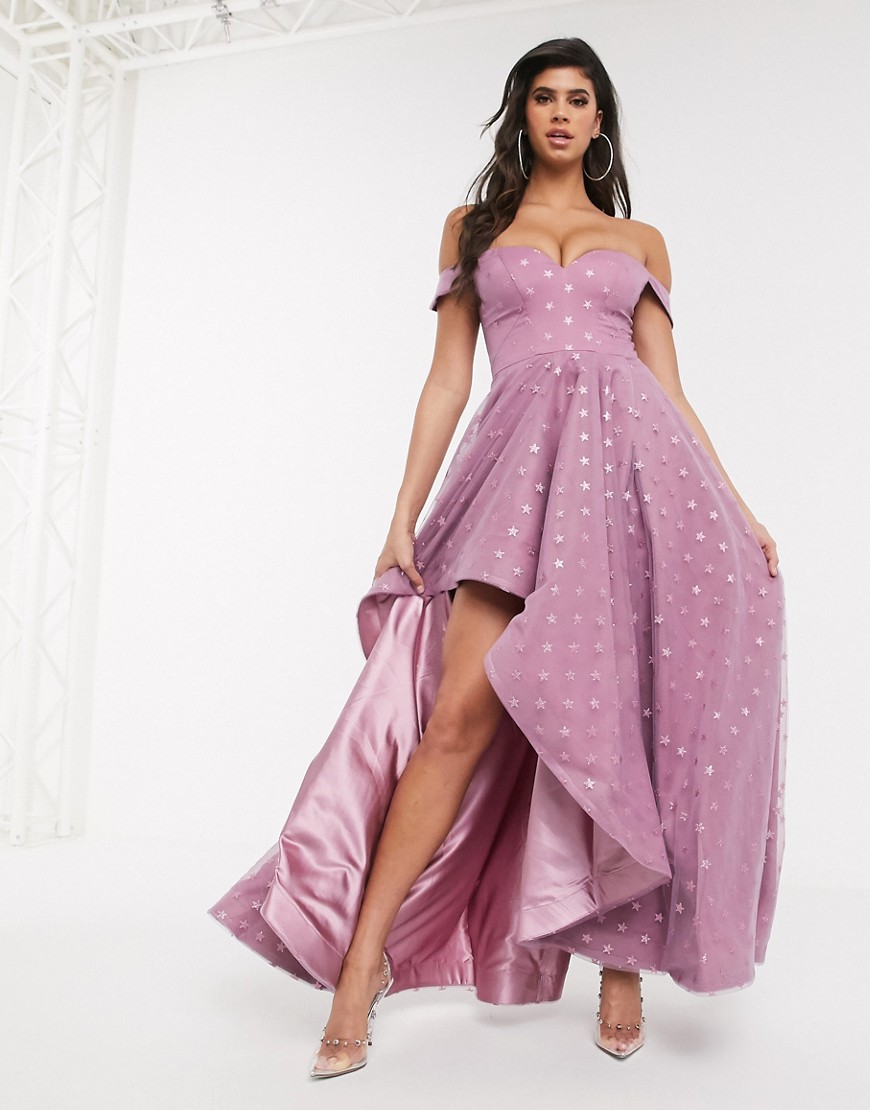 Bariano star glitter bardot shoulder full skirt maxi dress in lavender-Purple