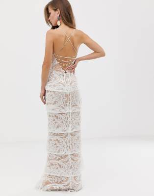 bariano tiered contrast lace maxi dress in white