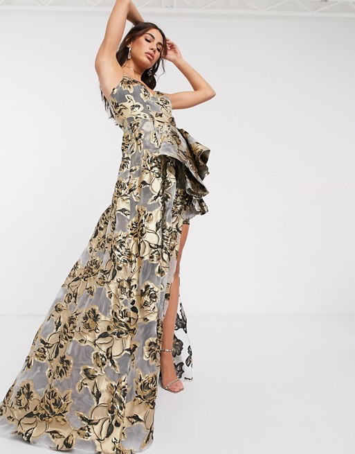 Bariano ultimate high low jacquard maxi dress in gold