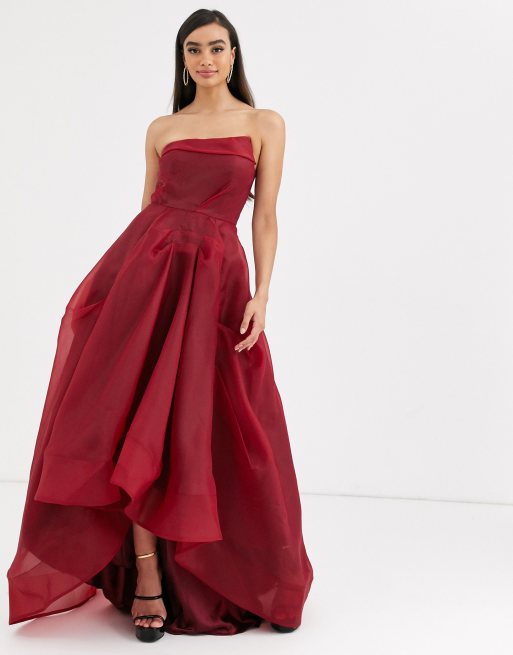 Bariano Vestito lungo a ruota con dettaglio in organza sul petto rosso vino