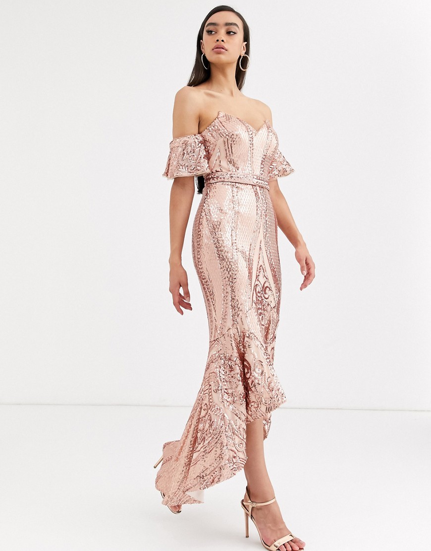 Bariano - Vestito midi con scollo alla Bardot, paillettes e fondo asimmetrico oro rosa