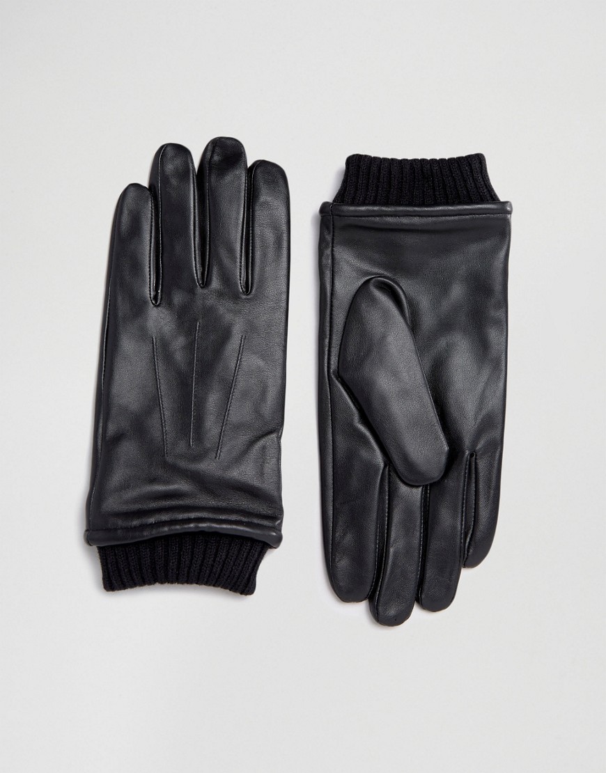Barneys Black Leather Gloves with Cuff Details