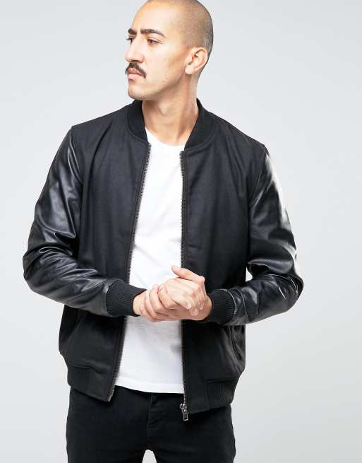 Barney's Bomber Jacket With Faux Leather Sleeves | ASOS