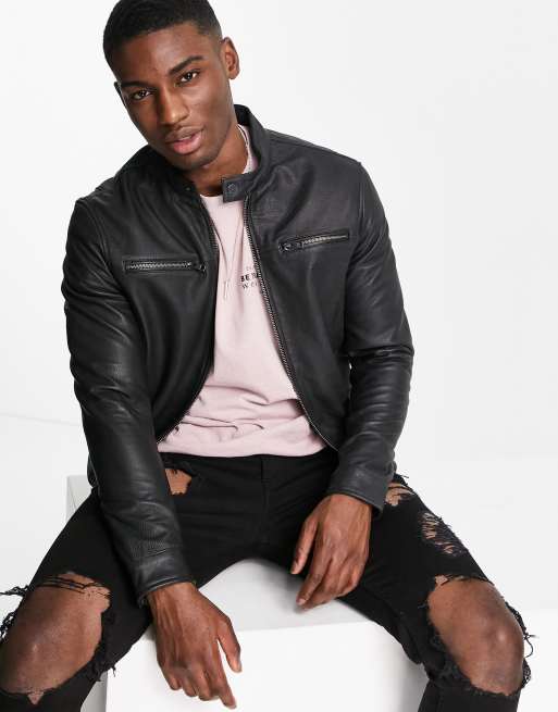 Barney's - Leren racer jack in zwart