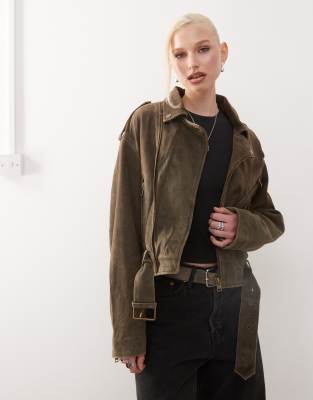 Barneys originals asymmetric biker jacket in olive green