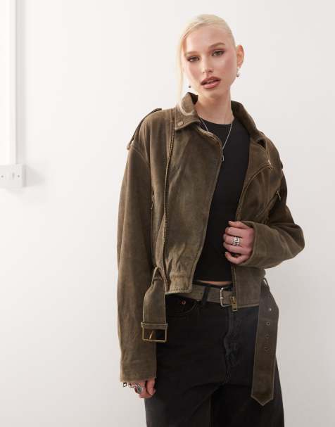 Barneys originals asymmetric biker jacket in olive green - view 1