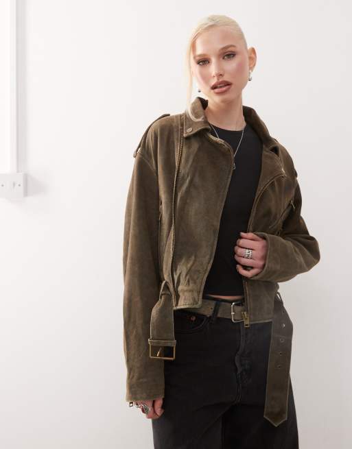 Barneys originals asymmetric biker jacket in olive green