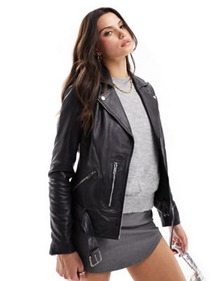 Barney's Originals asymmetric leather biker jacket in dark blue - ASOS Price Checker