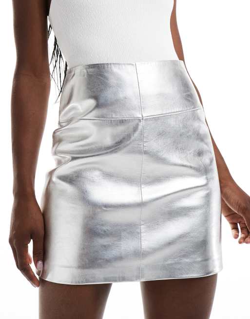 Barneys Originals Barneys originals leather metallic mini skirt in silver ASOS