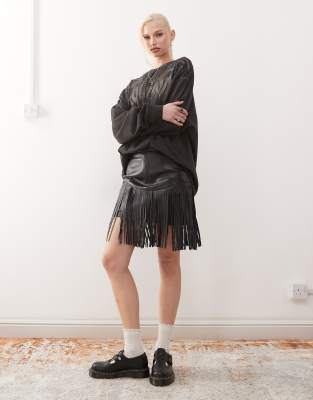 Barneys Originals Barneys originals real leather fringe skirt in black