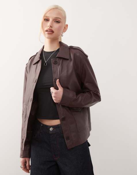 Barneys Originals Barneys originals real leather oversized harrington in burgundy - view 1
