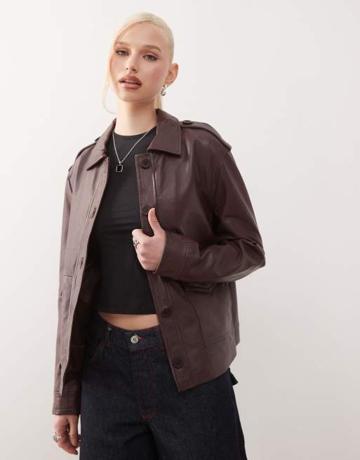Barneys Originals Barneys originals real leather oversized harrington in burgundy