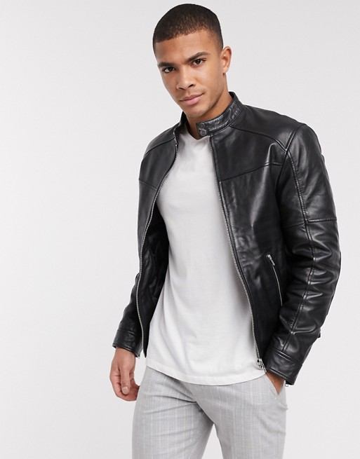 Barney's Originals belted racer leather jacket with silver trims