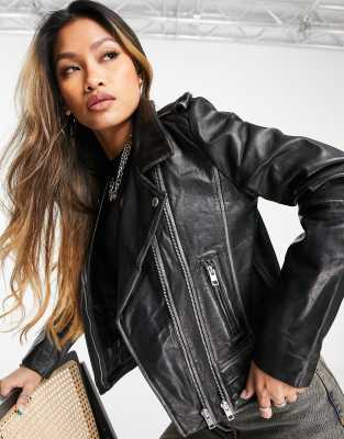 Women's Real Leather Ribbed Biker Jacket - Barneys Originals