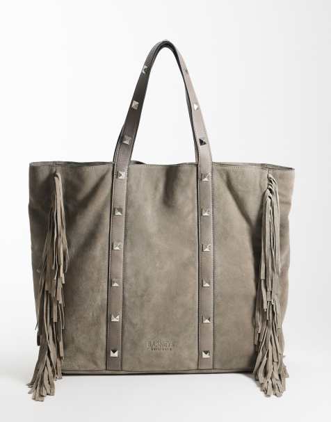 Barneys Originals Boho fringe suede tote bag in grey - view 1