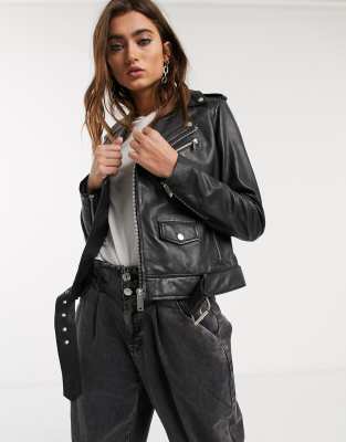 Barney's Originals boxy buckle belt leather jacket in black | ASOS