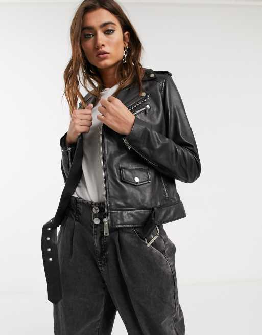 Black leather 2024 jacket with belt