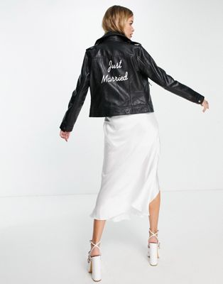 Barney's Originals bridal real leather jacket with just married print in black
