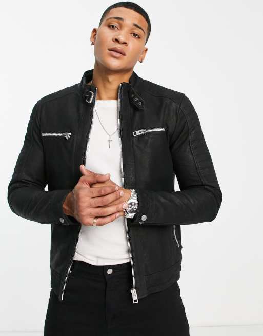 Barneys Originals buffalo leather racer jacket in black | ASOS