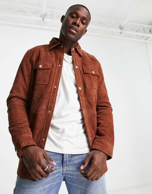 Barneys Originals - Camicia giacca in camoscio marrone