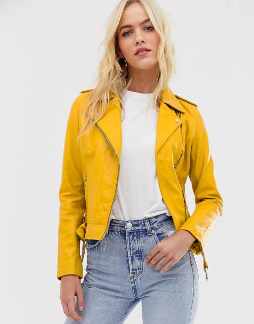 Barney's Originals coloured leather biker jacket in mustard | ASOS