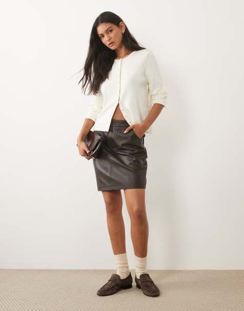 Barneys Originals Crocodile embossed real leather skirt in chocolate - view 1