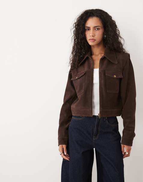 Barneys Originals Cropped buffalo suede jacket in chocolate - view 1