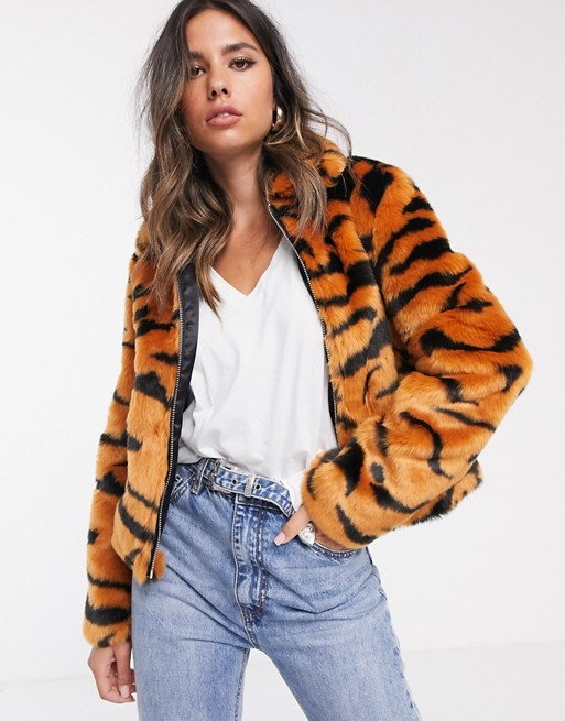 Barney's Originals cropped faux fur coat in tiger print