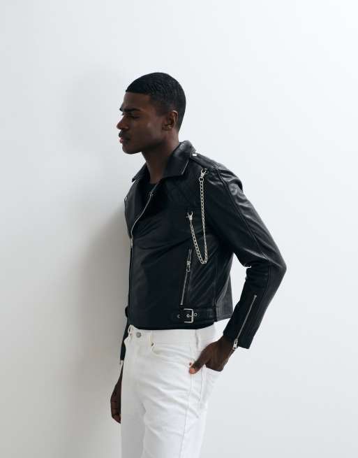 Barneys Originals Cropped real leather biker jacket in black, 2 of 5