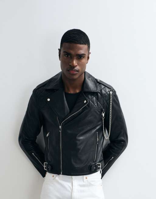 Barneys Originals Cropped real leather biker jacket in black, 4 of 5