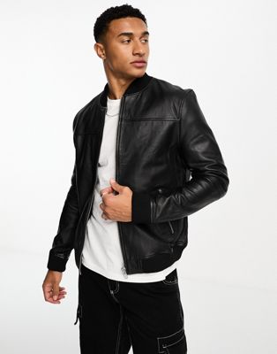 Barneys Originals Dio-Washington real leather bomber jacket in black - ASOS Price Checker