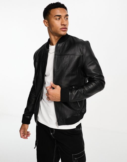 Barneys Originals Dio-Washington real leather bomber jacket in black | ASOS