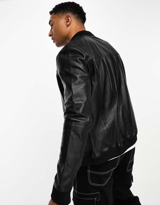 Men's Matte Black Leather Racer Jacket with Ribbed Shoulders - Barneys  Originals